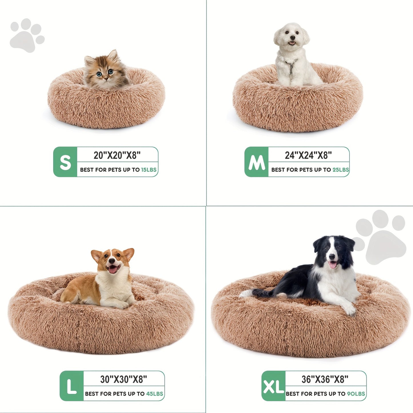 Fluffy Plush Calming Pet Bed For Dogs And Cats - Washable Anti-Slip Round Bed For Pets - Brown Color
