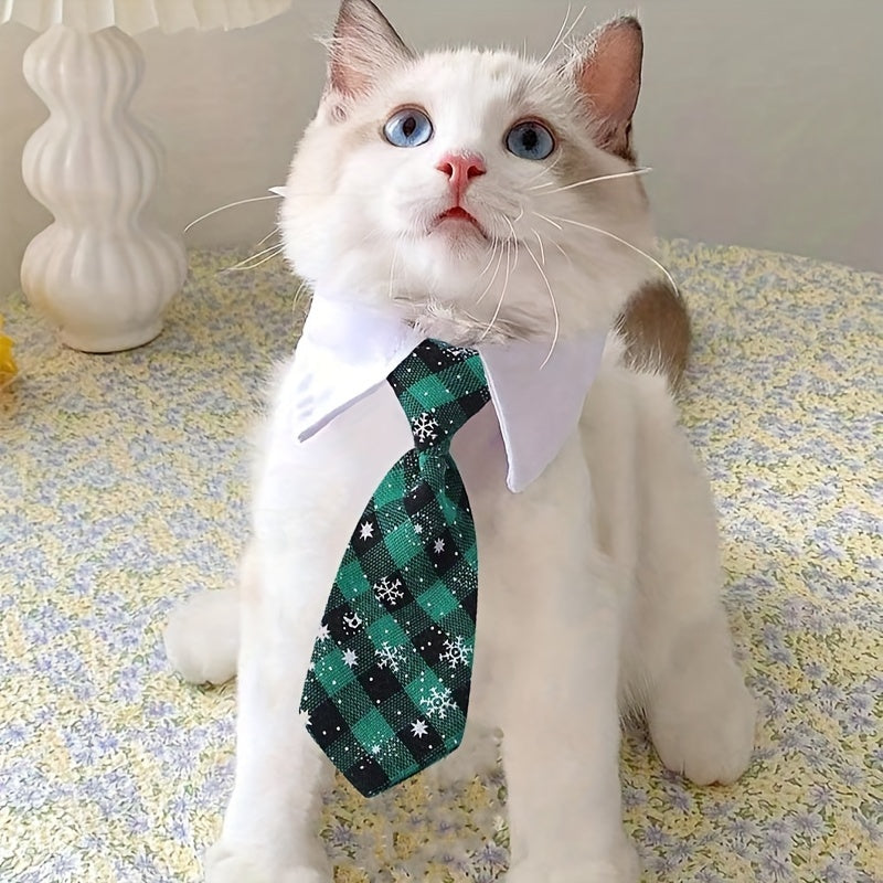 Chic Plaid Pet Collar with Tie for Cats & Dogs - Durable Polyester, Adjustable Fit