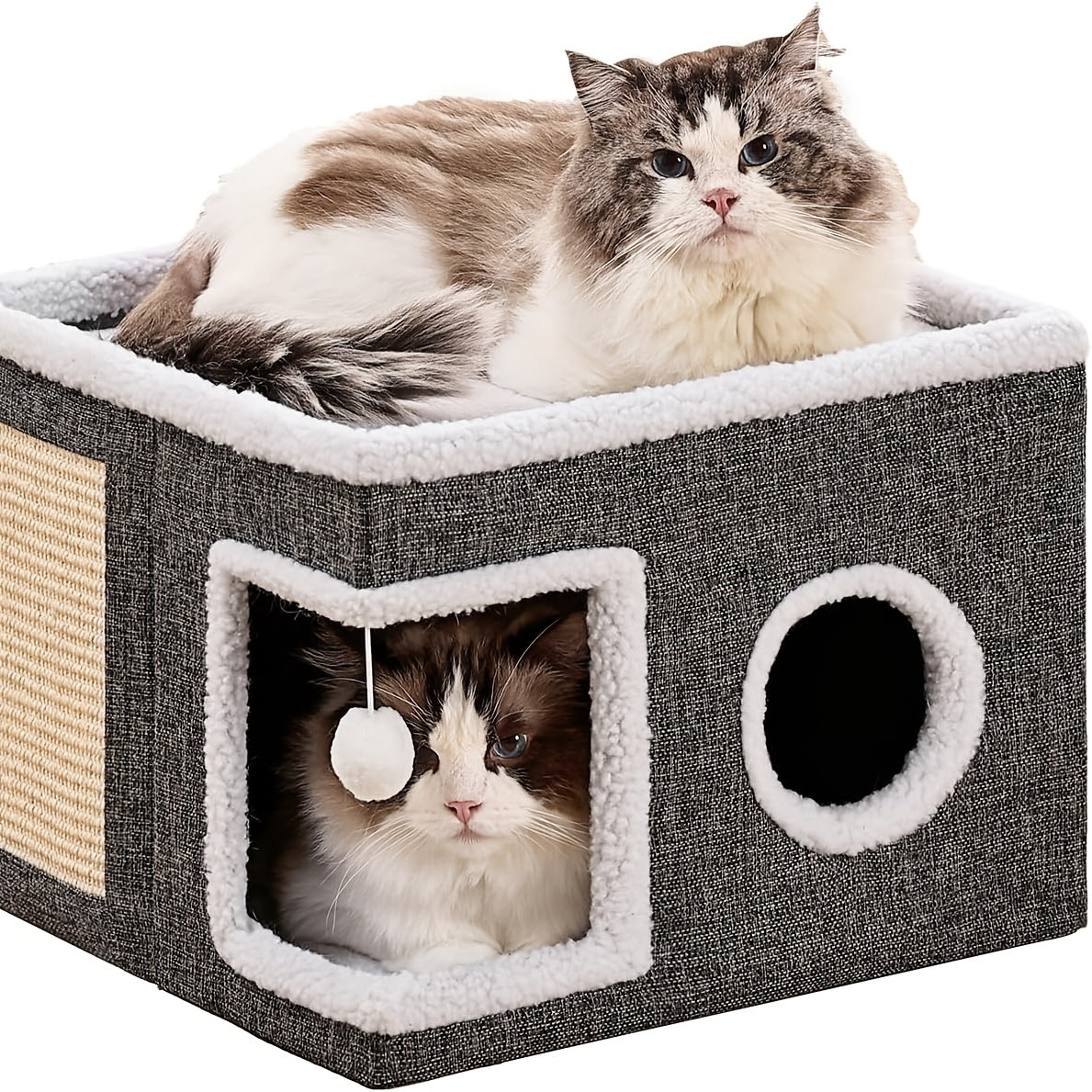 Luxury Multi-Level Cat House - 2-Tier Bed & Play Cube with Toy Tunnel, Foldable Sofa, Climbing Rope & Soft Cushions - Durable Nylon Frame & Weatherproof Canvas Indoor/Outdoor Cat Shelter with Hanging Balls - All-Season Comfor