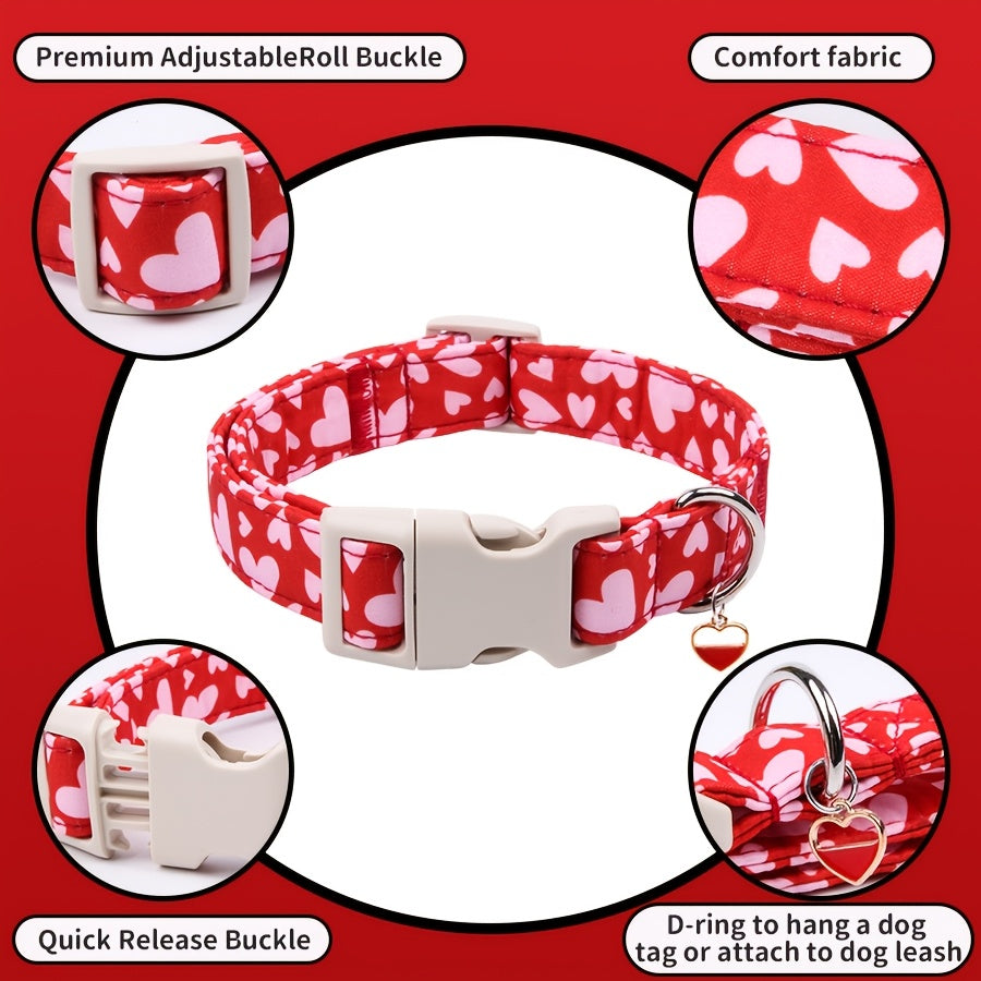 Red and Pink Heart Pattern Dog Collar - Quick Release Safety Buckle, Metal Heart Pendant, for Small Pets, Dog Leash, Cute