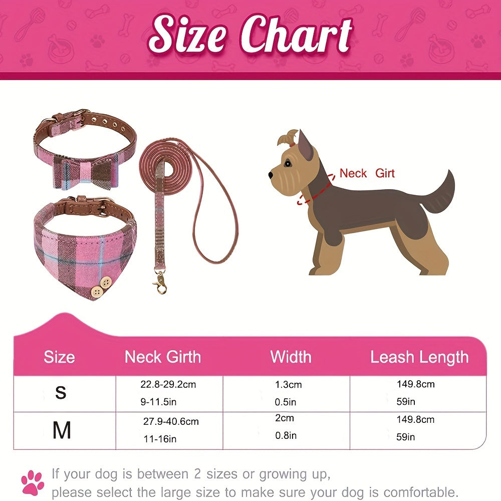 Plaid Leather Dog Collar Set with Bandana and Bowtie, Adjustable Pet Collar with Leash and Bell for Small to Medium Dogs and Cats, Machine Washable