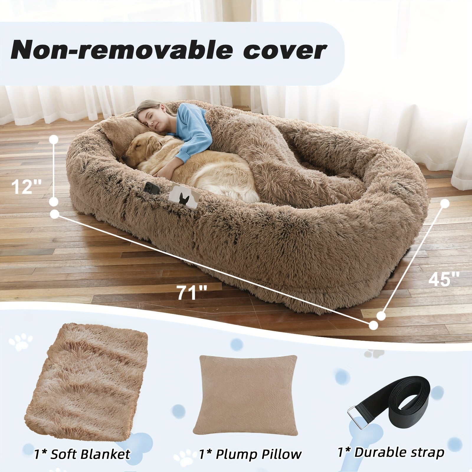 Extra Large Orthopedic Human & Dog Bed with Plush Pillow & Blanket - 71"x45"x12" Washable Faux Fur Pet Couch, Non-Slip Base, Removable Cover - Grey Bed for All Dog Breeds (Small/Medium/Large Dogs) & Cozy Napping Companion for