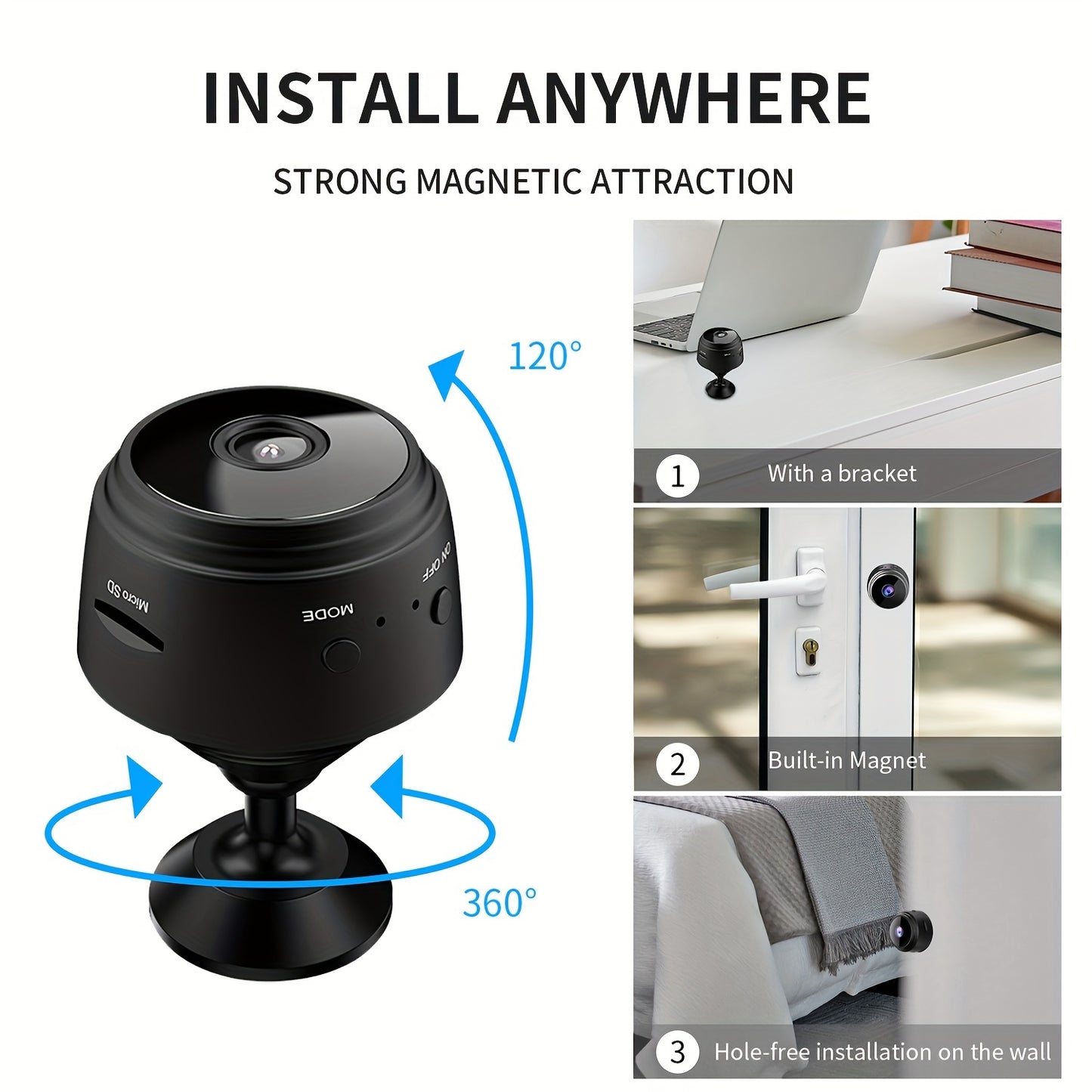 Mini Wireless Camera, 480P HD, USB Rechargeable with Built-in Lithium Polymer Battery, Magnetic Back Cover, Non-Waterproof, for Home, Pet, Car Surveillance, Supports AP Mode & Remote Monitoring