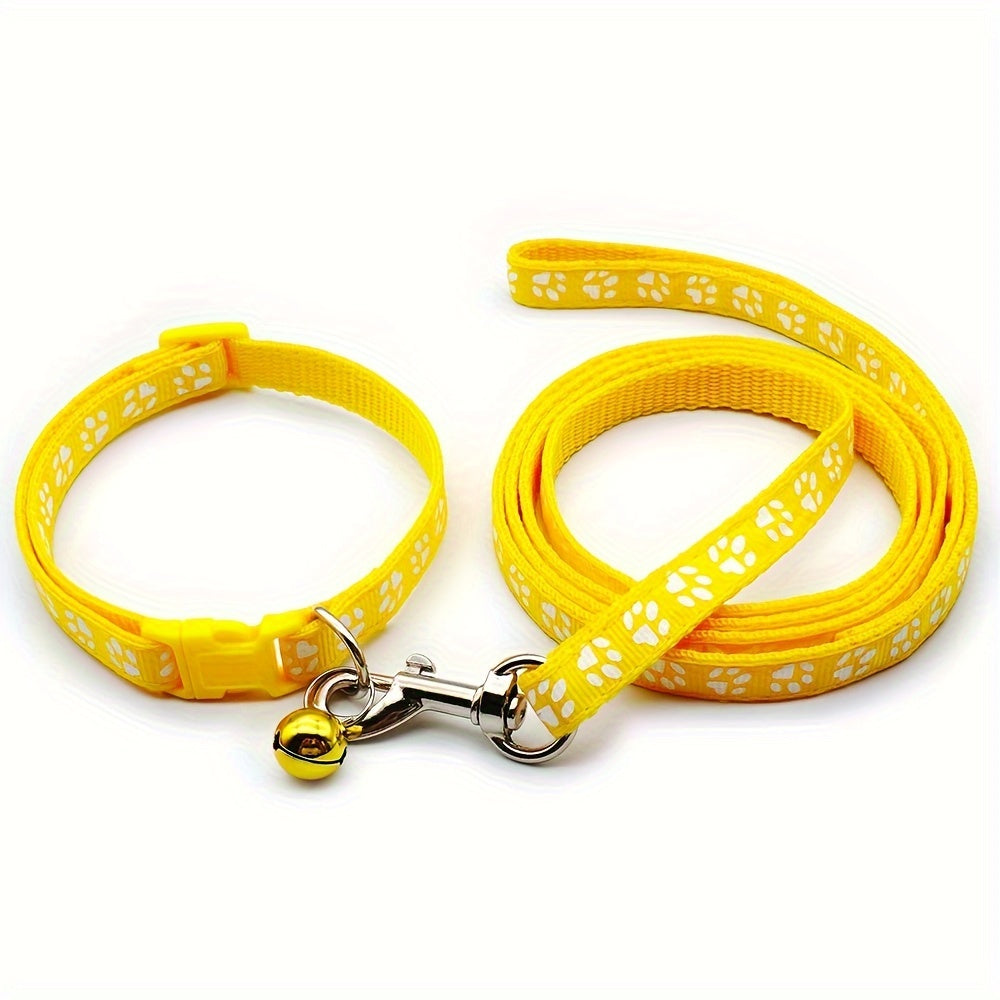 Cute Paw Pattern Nylon Dog Collar - Pet Dog Collar And Leash Set With Bell Long Dog Walking Leash