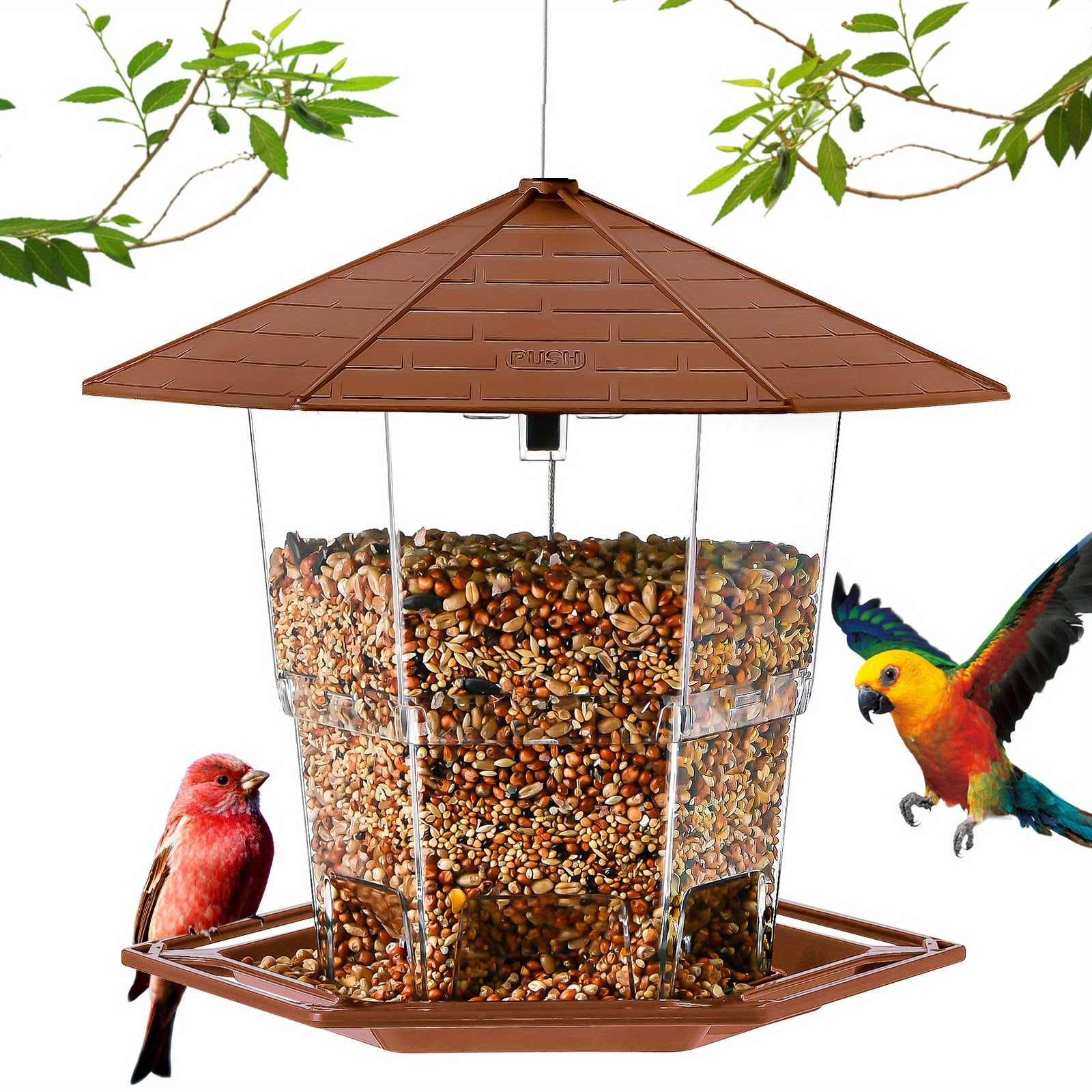 bird feeder with clear feeding tubes & heavy-duty dome - All- bird feeding station, Base, Easy-to-Clean - Attracts, Finches, Sparrows, Blue Jays - Durable Plastic with Hanging Hook - Ideal for Backyard,b or Balcony - Brown Ro