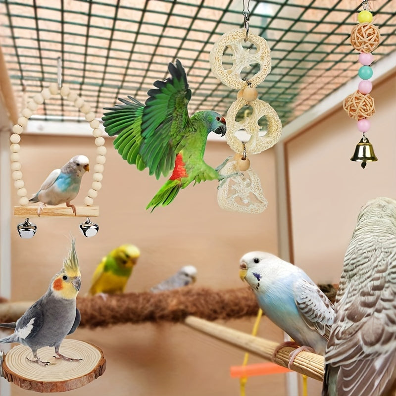 8pcs Bird Toy Set with Swing, Perch, Bell & Chew Toys - Wooden Parrot Play and Exercise Accessories for Small to Medium Cages