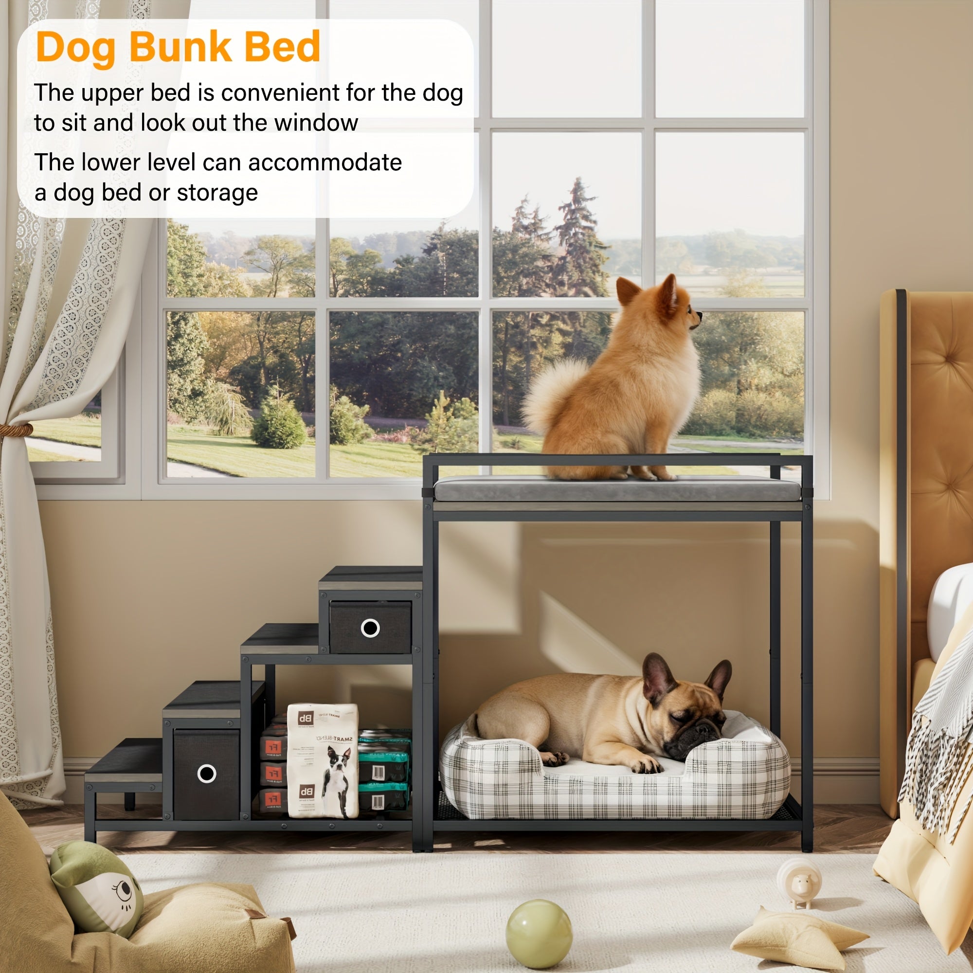 SAUDISM Multi-Level Pet Bunk Bed with Removable Step for Dogs & Cats - Durable Wooden Frame, Cushioned Perch & Window Seat, Indoor Use, Easy Assembly, Black, Perfect for Small to Medium Dogs, Cozy Home Decor, Pet Furniture, M