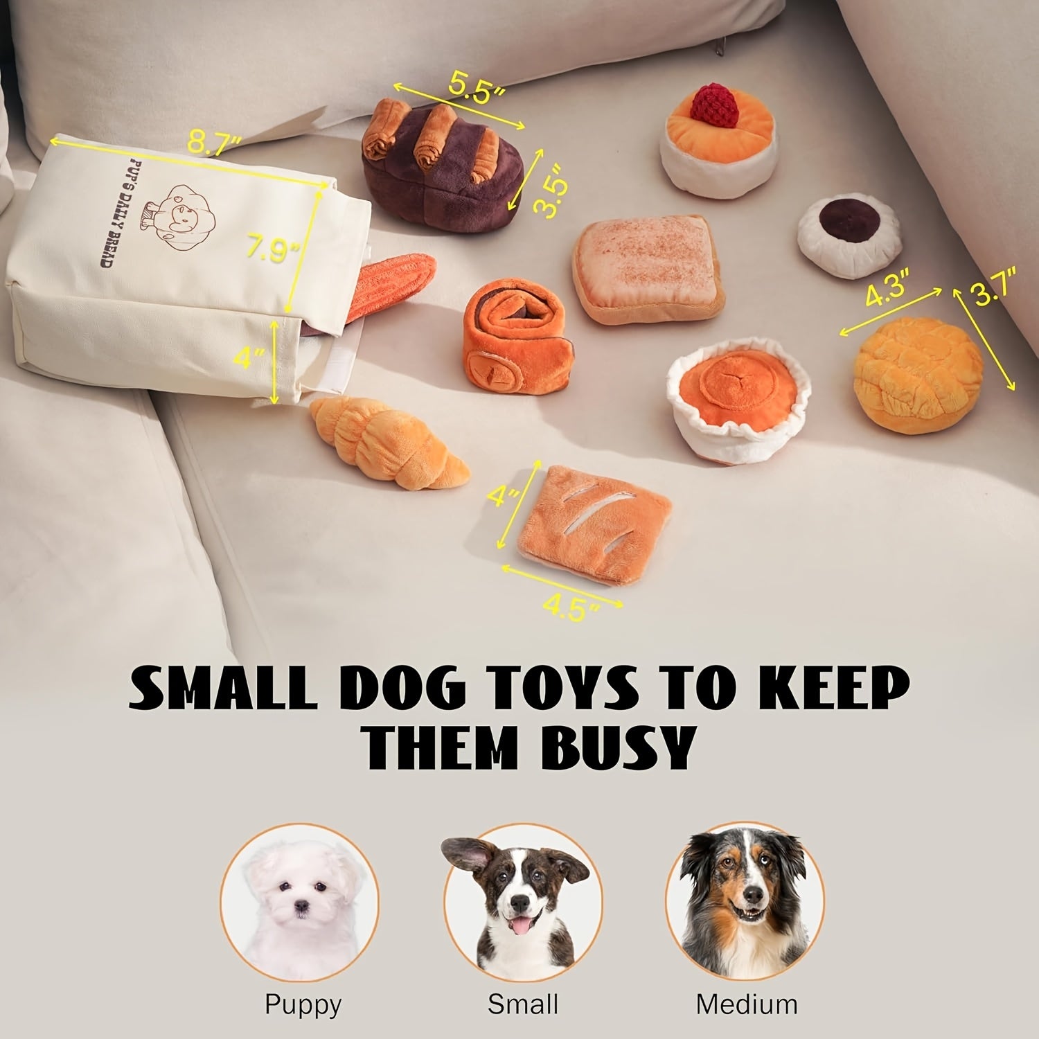 10 Pack Nocciola Bread Dog Toys with Storage Bag - Crinkle Squeaky Plush Chew Toys for Small & Medium Dogs, Durable Puppy Toys with Treat Hiding Pockets, Assorted Bread-Shaped Interactive Dog Accessories, Pet Playtime Accesso