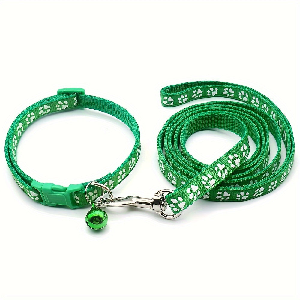 Cute Paw Pattern Nylon Dog Collar - Pet Dog Collar And Leash Set With Bell Long Dog Walking Leash