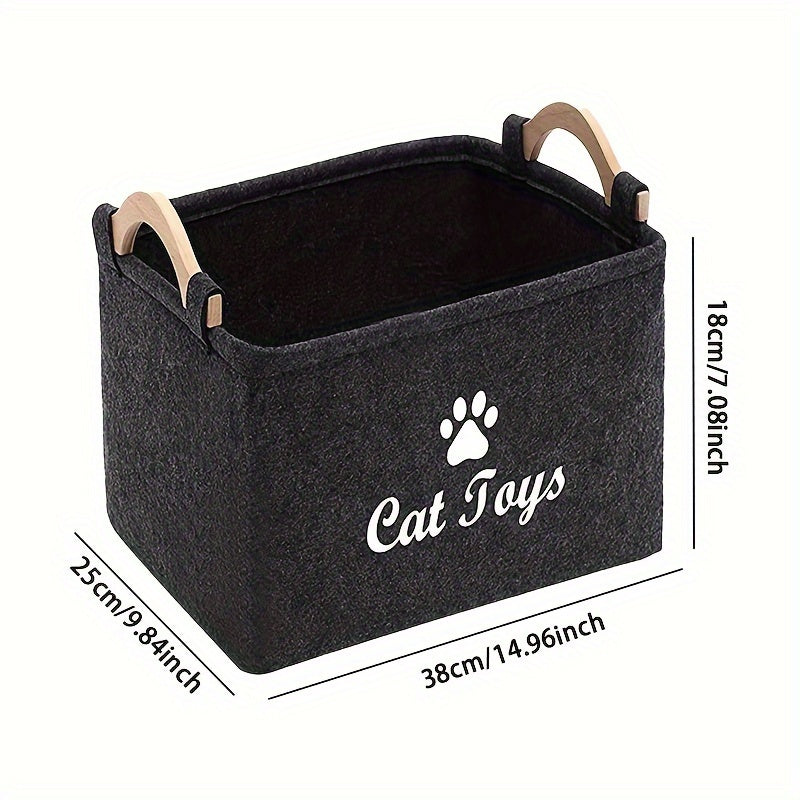 Foldable Pet Toy Storage Basket for Dogs & Cats - Durable Polyester with Paw Print Design, Wooden Handles, Ideal for Organizing Pet Playthings, Dog Toy Storage Basket
