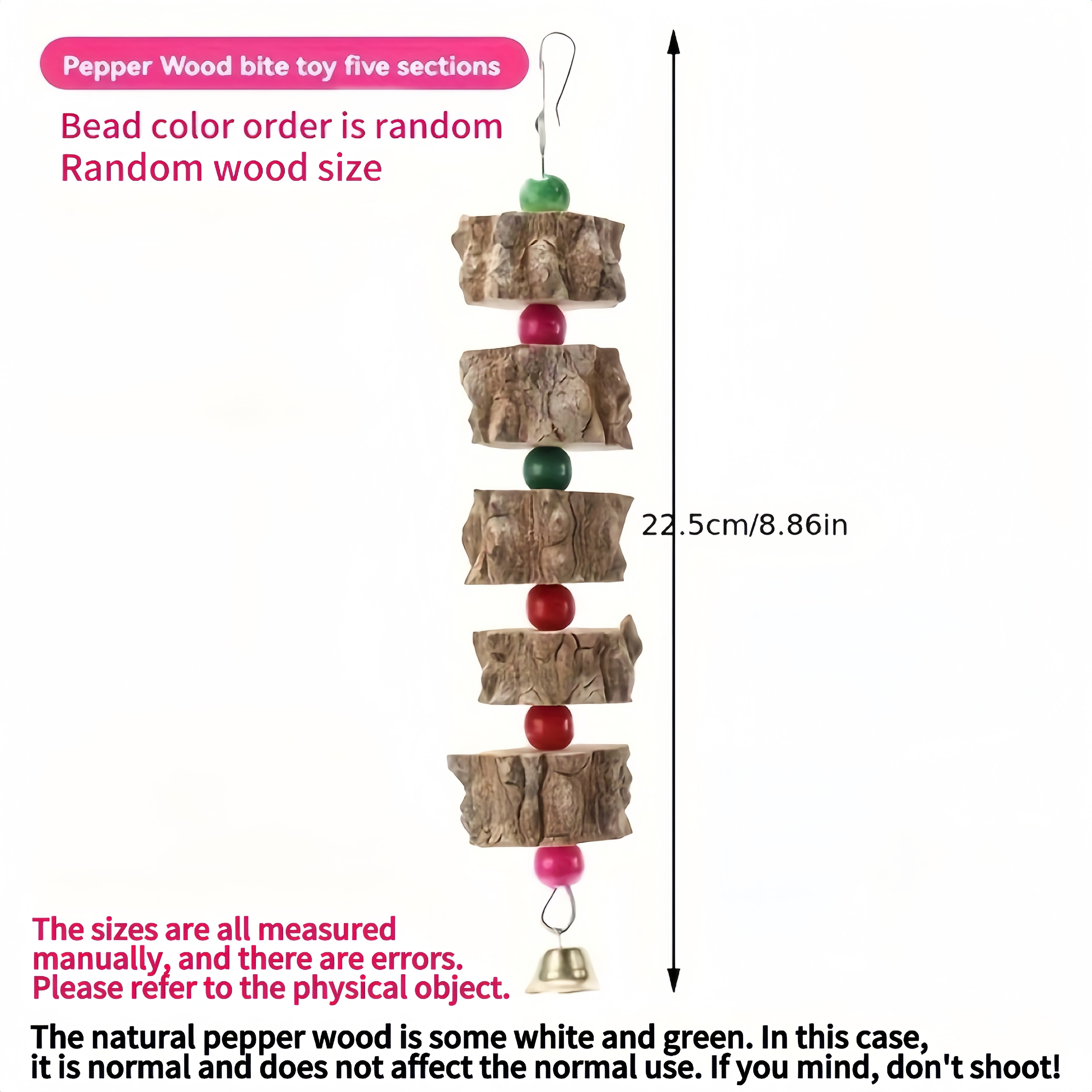 Natures Delight - Durable Wooden Parrot Toy with Melodic Bell and Vibrant Beads - Stimulating Chewing & Grinding Aid for Birds Health - Perfect Cage Accessory