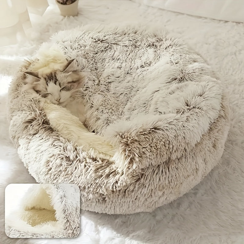 Plush Round Hooded Pet Bed, Warm Dog Bed Dog Cave Nest Soft Donut Dog Cushion Bed Calming Nest