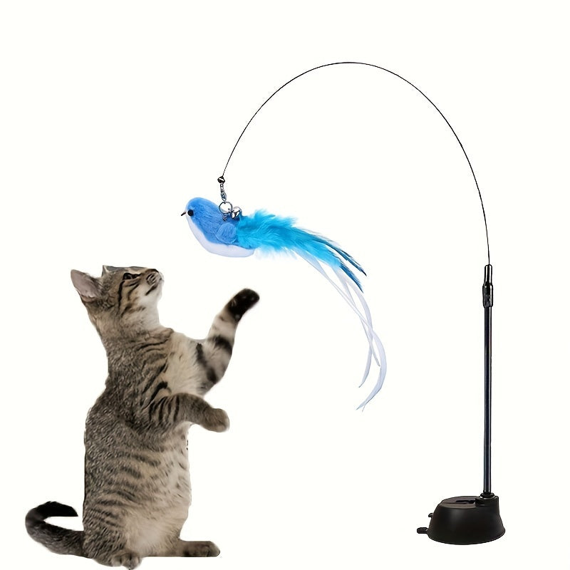 Colorful Feather Bird Cat Teaser Stick - Long Steel Wire Pole with Glue Suction Cup - Cute and Vivid Simulation Pet Toy for Self-Entertainment and Bite-Resistant Cat Supplies