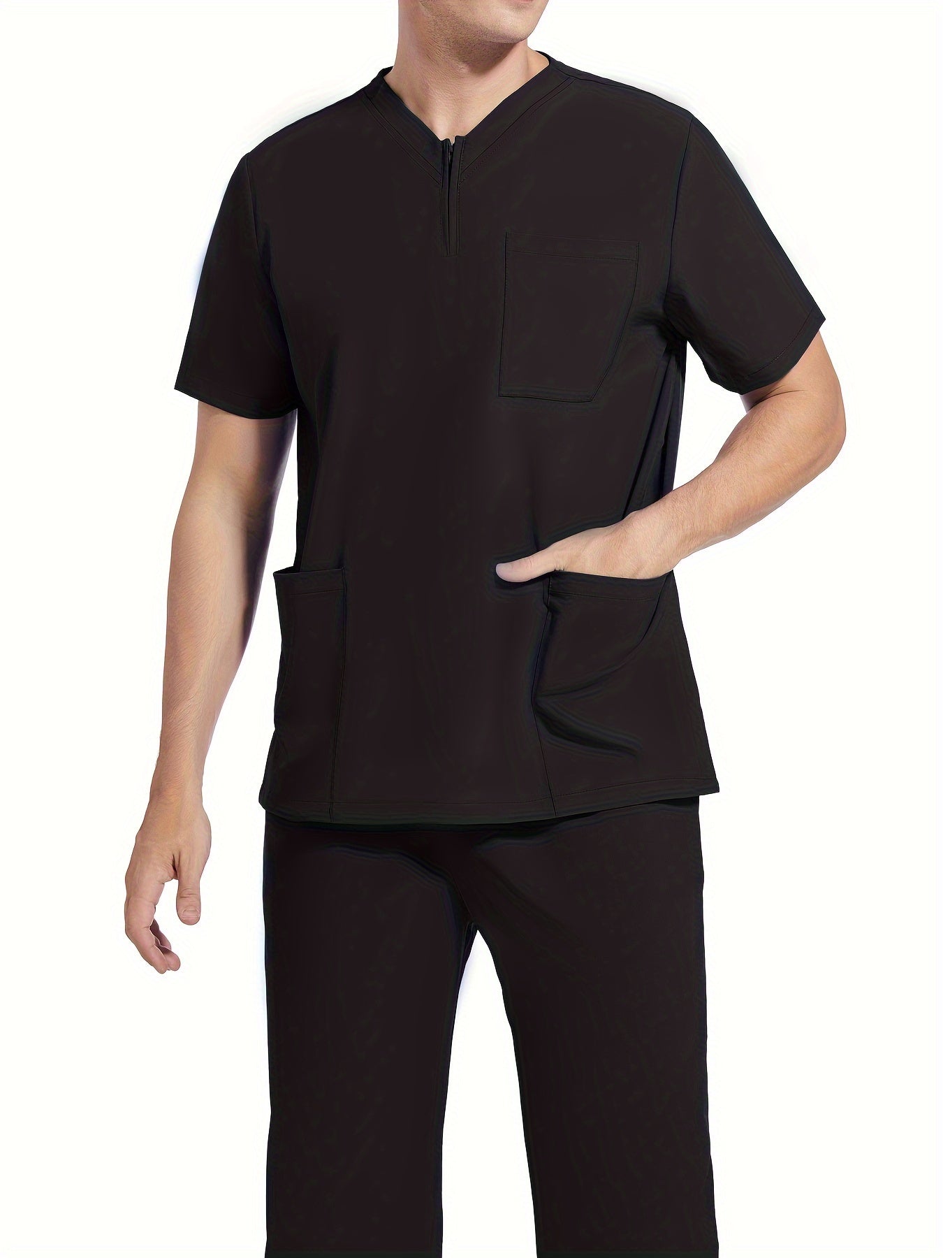 Men's Short Sleeve Summer Work Wear Set, Lab Coat, Pet Grooming Uniform, Breathable V-neck Top With Pockets And Long Pants Outfit