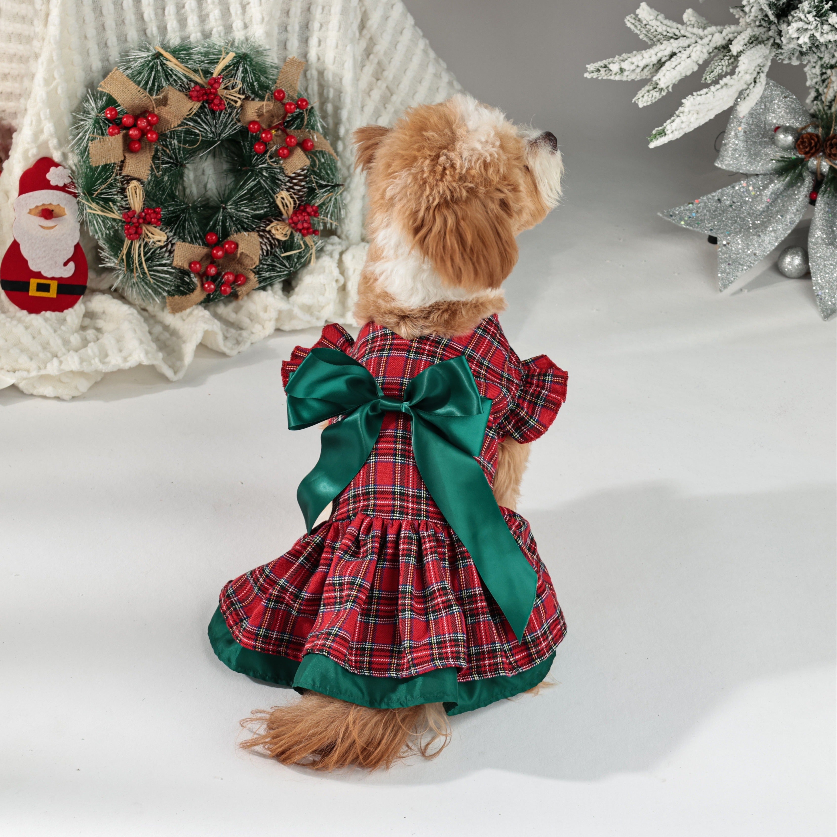 Winter & Autumn Tartan Dog Dress with Snap Buttons – 100% Polyester Woven Plaid Puppy Dress, Small Breed Christmas Party Outfit with Festive Bow Detail, Warm Pet Apparel for Seasonal Celebrations
