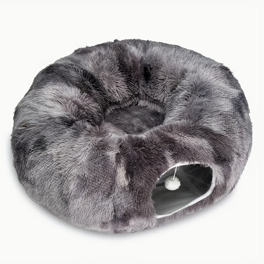 Soft Plush Cat Tunnel with Cozy Donut Bed - Multi-Functional Hideout & Playhouse for Indoor Cats, Kittens, Rabbits, Ferrets - Tunnel Vision Peeping Holes, Large Tube for Hide & Seek, Durable Pet Toy for Small/Medium/Large Fel
