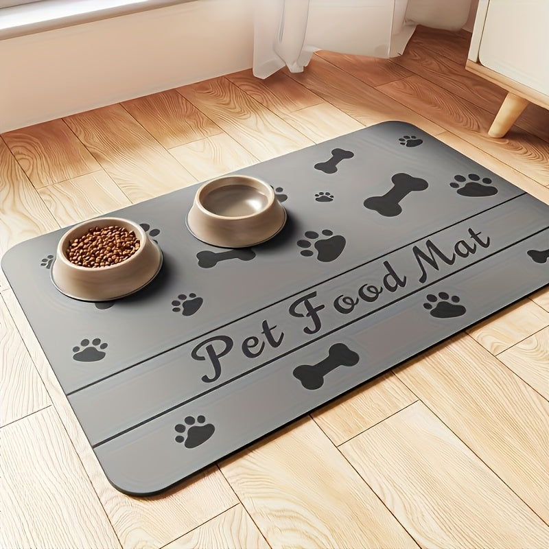 2pcs Quick-Dry & Absorbent Pet Feeding Mats with Non-Slip Rubber Backing - Diatomite Material, Gray with Paw Prints & Bone Design, Ideal for Dog & Cat Food and Water Bowls, Dog Food Mat