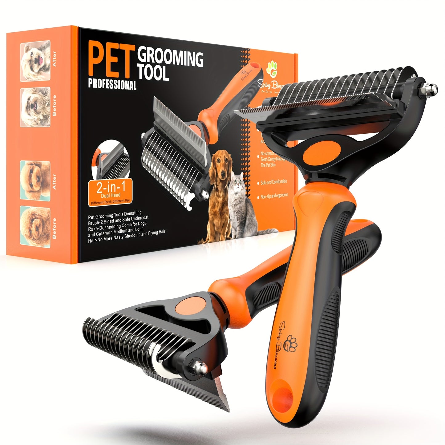 2 in 1 Professional Grooming Rake for Cats & Dogs-Dematting Comb for Easy Mats & Tangles Removing,Hair Removal Cleaner for Pets, Without Battery