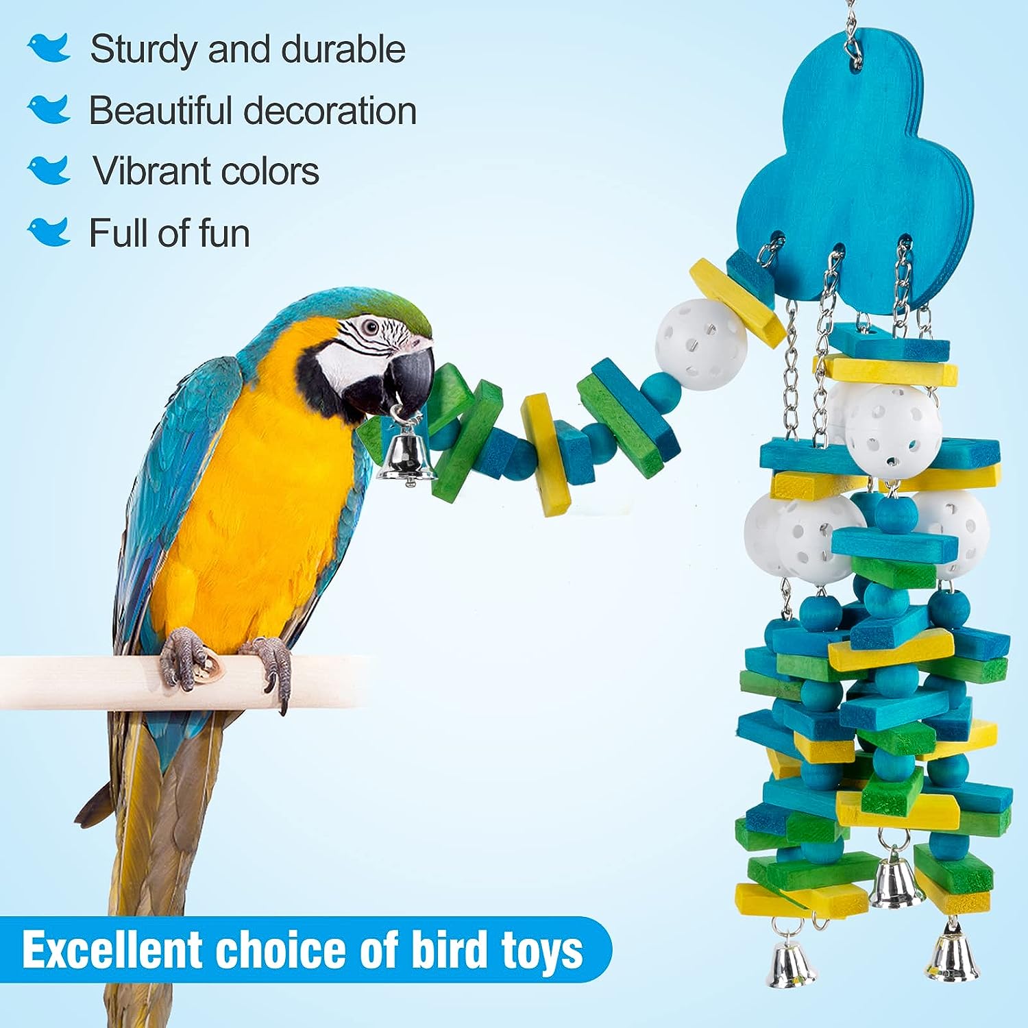 Colorful Wooden Block Beads Parrot Bird Toy, Random Color Blueberry Shape Chew Toy With Bell And String