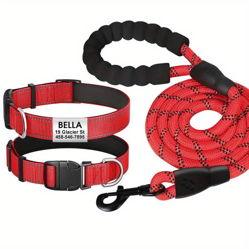 Personalized reflective nylon dog collar, custom reflective dog collar engraved with name tag, pet collar, leash