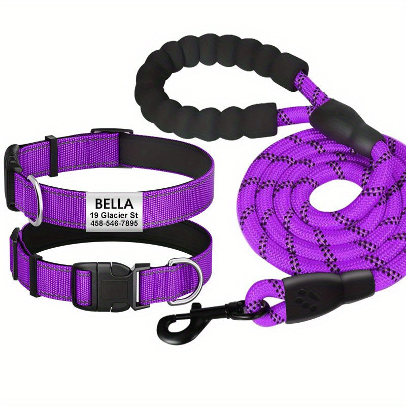 Personalized reflective nylon dog collar, custom reflective dog collar engraved with name tag, pet collar, leash