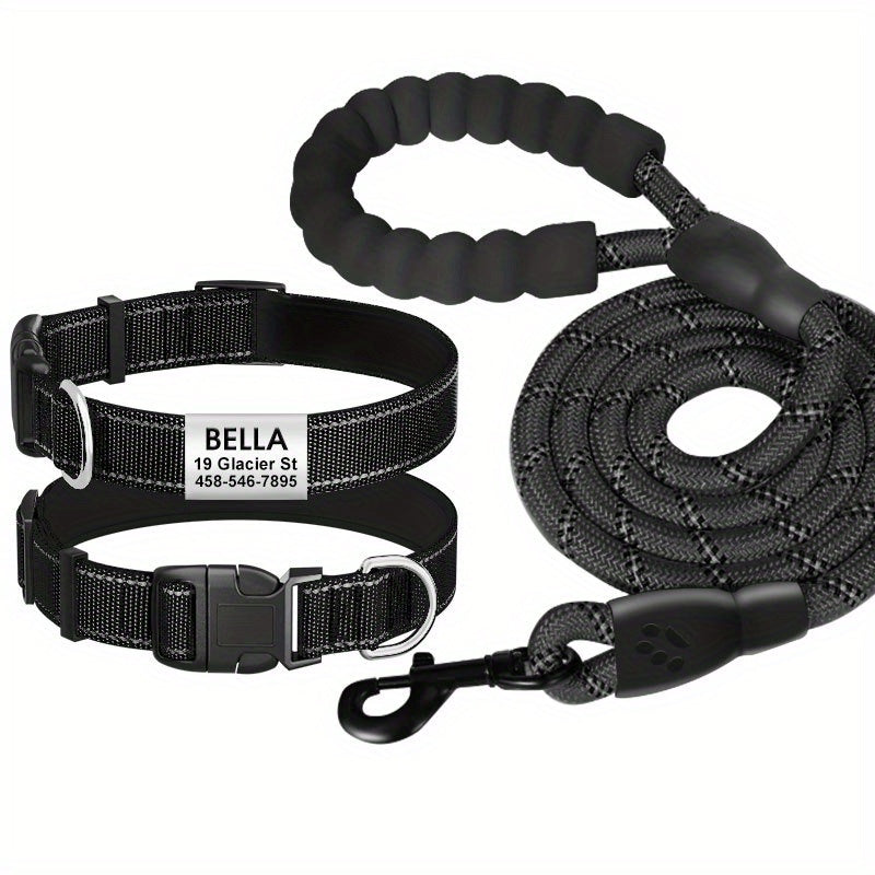 Personalized reflective nylon dog collar, custom reflective dog collar engraved with name tag, pet collar, leash