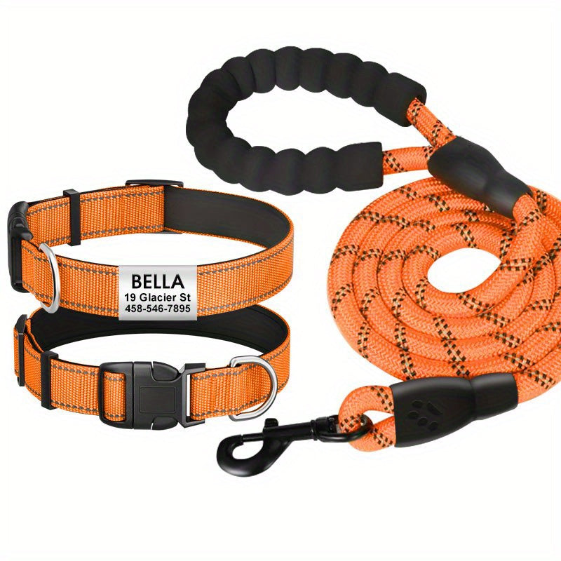 Personalized reflective nylon dog collar, custom reflective dog collar engraved with name tag, pet collar, leash