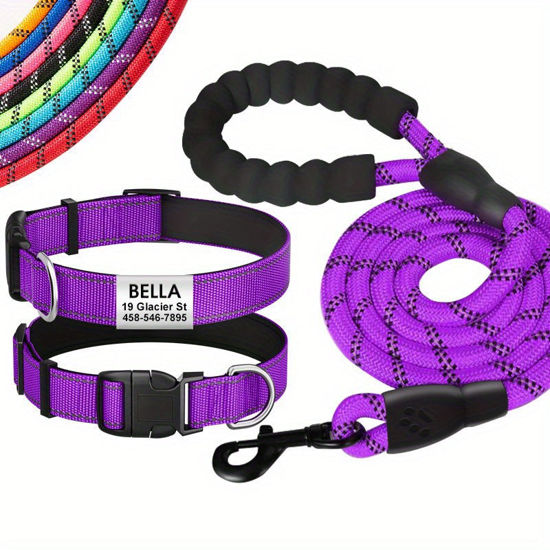 Personalized reflective nylon dog collar, custom reflective dog collar engraved with name tag, pet collar, leash