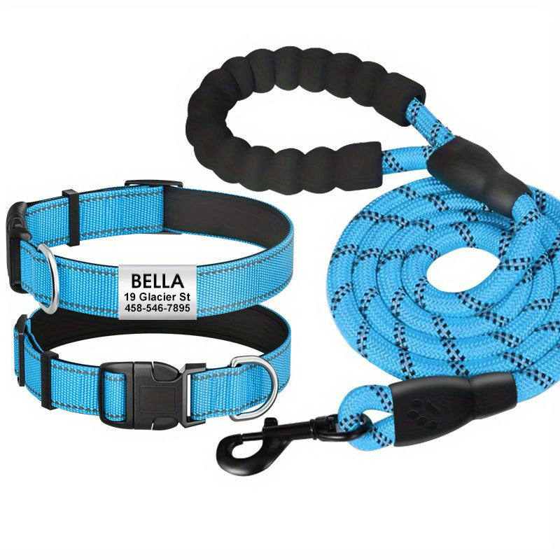 Personalized reflective nylon dog collar, custom reflective dog collar engraved with name tag, pet collar, leash