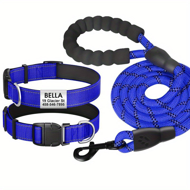 Personalized reflective nylon dog collar, custom reflective dog collar engraved with name tag, pet collar, leash