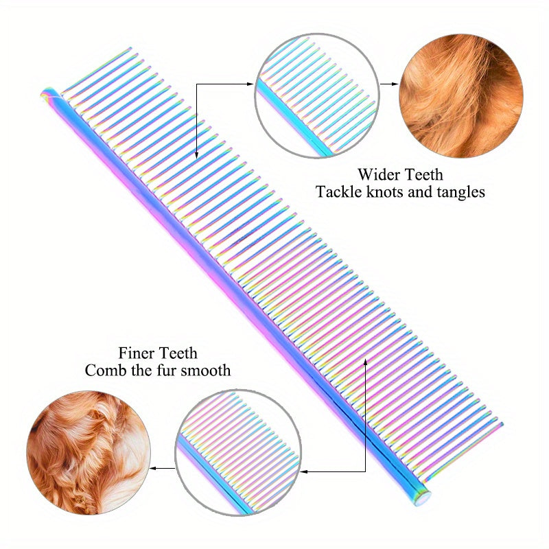 Colorful Stainless Steel Pet Grooming Comb - Effortlessly Detangles Fur - Comfortable Grip for Dogs & Cats