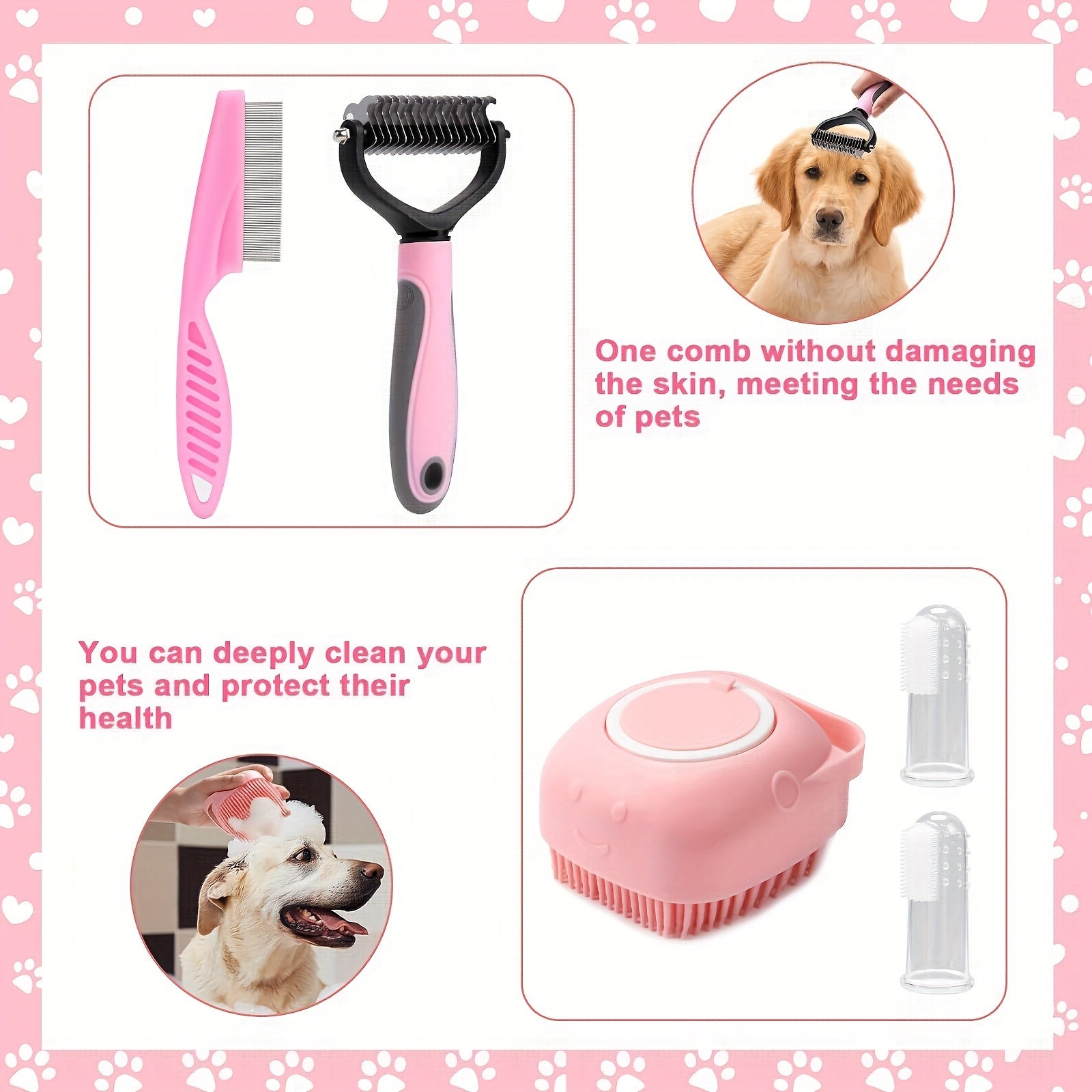 8pcs Pet Grooming Set, Dog Brush Set with Nail Clipper, Flea Comb, Shampoo Brush, Hair Removal Brush, and Silicone Toothbrush