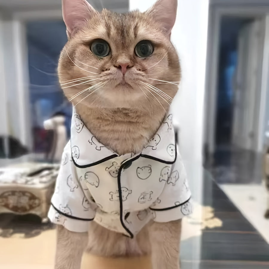 Cozy Cartoon Cat Pattern Pet Sleepwear - Soft, Breathable, Spring/Summer Style for Small Cat & Dog Breeds, Bichon, Maltese, Teddy - Comfortable Home Apparel for Pets
