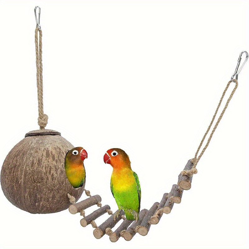 1pc Natural Coconut Bird Cage Hideaway with Ladder, Bird And Small Animal Toy (House with Ladder, Natural Surface)