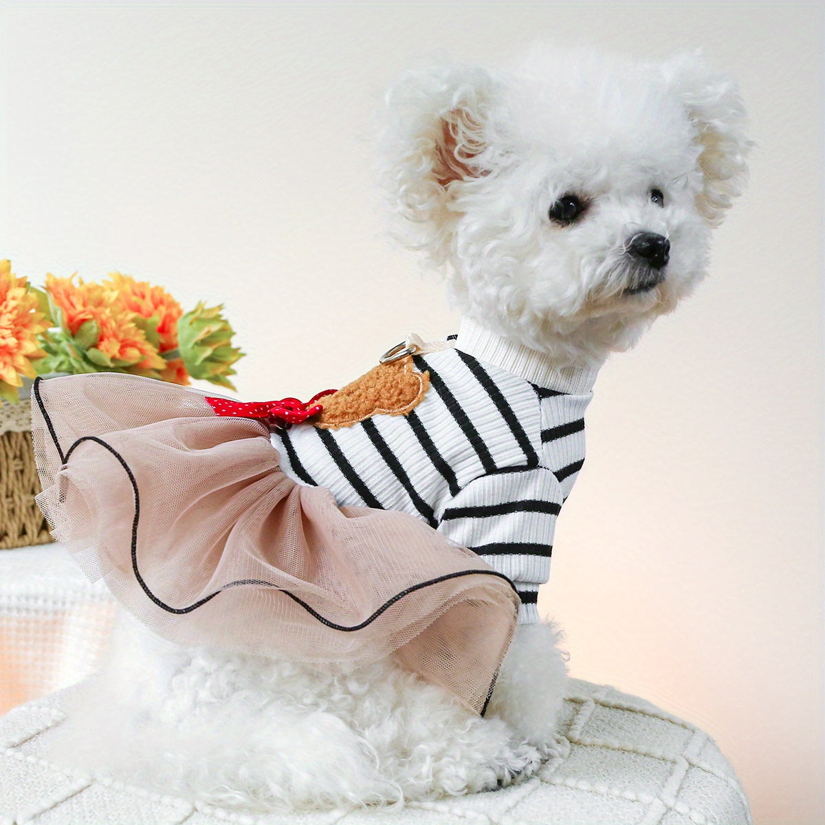 1pc Teddy Bear Pom Pom Skirt Dog Dress - All-Season Knit Polyester Pet Apparel, Snap Button Princess Dress for Small Breeds, Hand Washable, Cute Bear Tulle Skirt for Christmas Gift