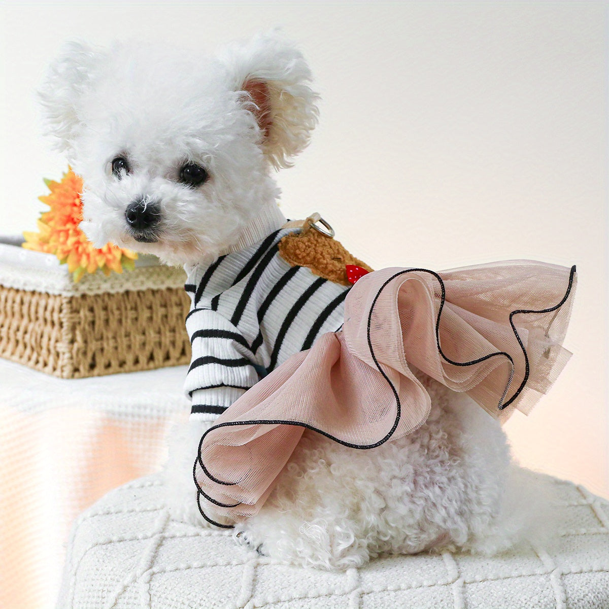 1pc Teddy Bear Pom Pom Skirt Dog Dress - All-Season Knit Polyester Pet Apparel, Snap Button Princess Dress for Small Breeds, Hand Washable, Cute Bear Tulle Skirt for Christmas Gift
