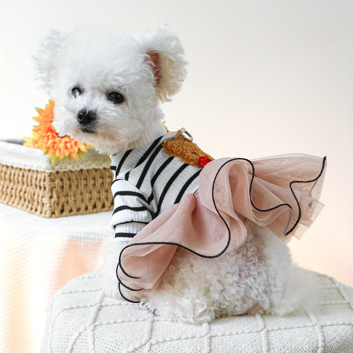 1pc Teddy Bear Pom Pom Skirt Dog Dress - All-Season Knit Polyester Pet Apparel, Snap Button Princess Dress for Small Breeds, Hand Washable, Cute Bear Tulle Skirt for Christmas Gift