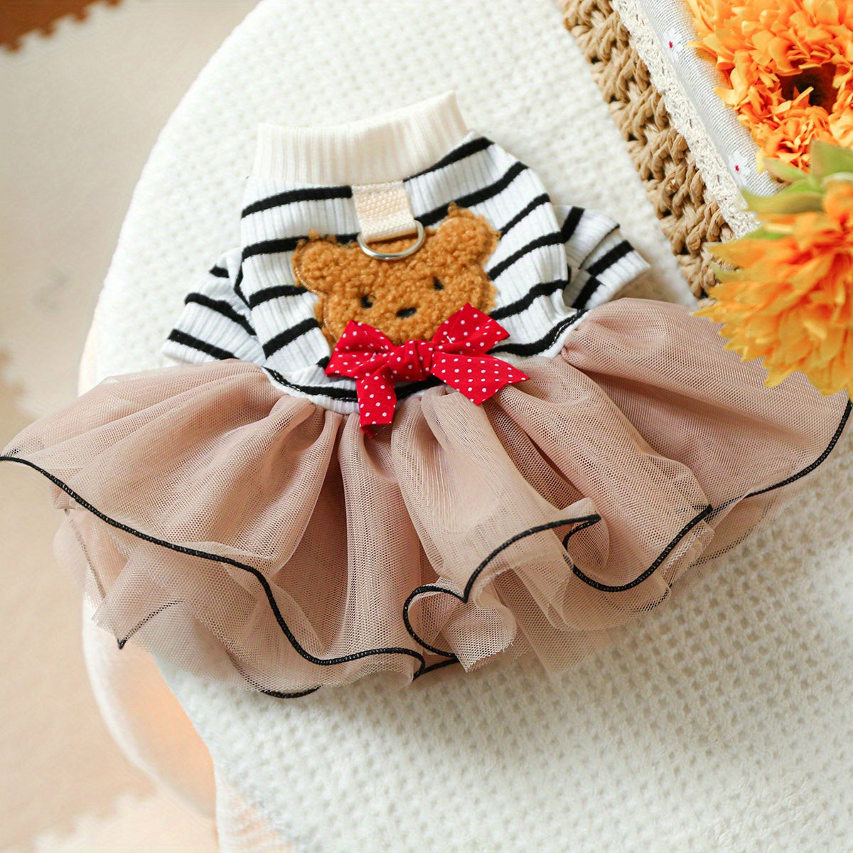 1pc Teddy Bear Pom Pom Skirt Dog Dress - All-Season Knit Polyester Pet Apparel, Snap Button Princess Dress for Small Breeds, Hand Washable, Cute Bear Tulle Skirt for Christmas Gift