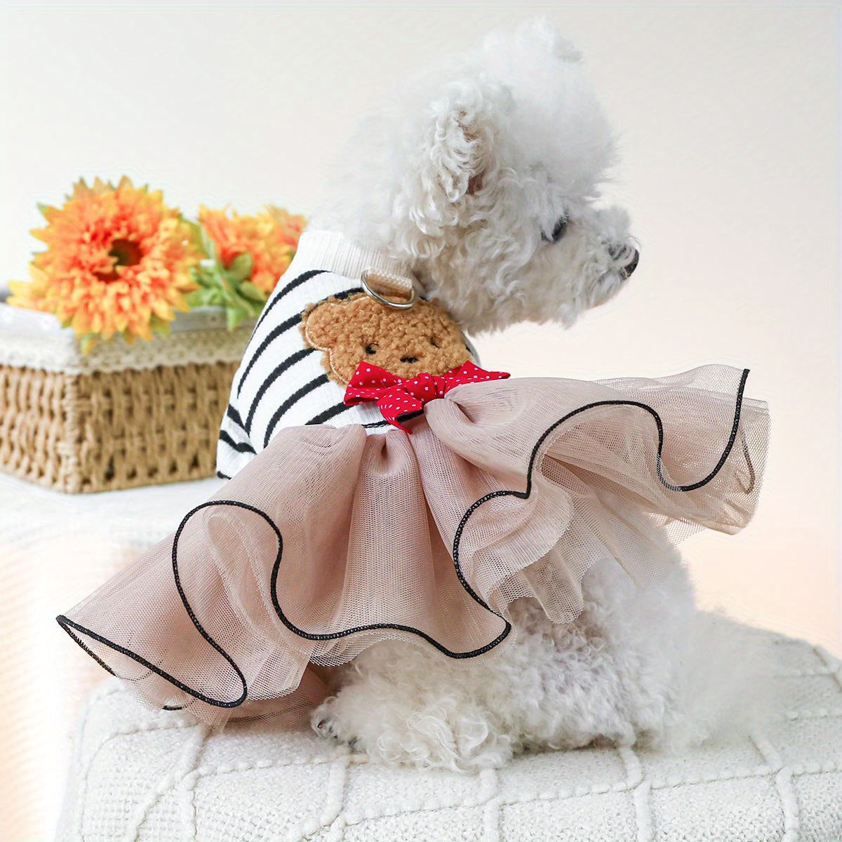 1pc Teddy Bear Pom Pom Skirt Dog Dress - All-Season Knit Polyester Pet Apparel, Snap Button Princess Dress for Small Breeds, Hand Washable, Cute Bear Tulle Skirt for Christmas Gift