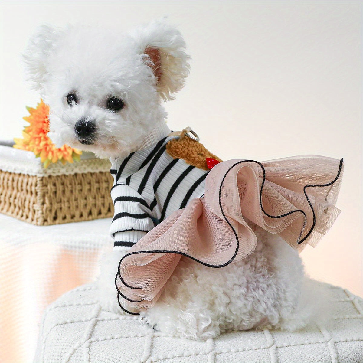 1pc Teddy Bear Pom Pom Skirt Dog Dress - All-Season Knit Polyester Pet Apparel, Snap Button Princess Dress for Small Breeds, Hand Washable, Cute Bear Tulle Skirt for Christmas Gift