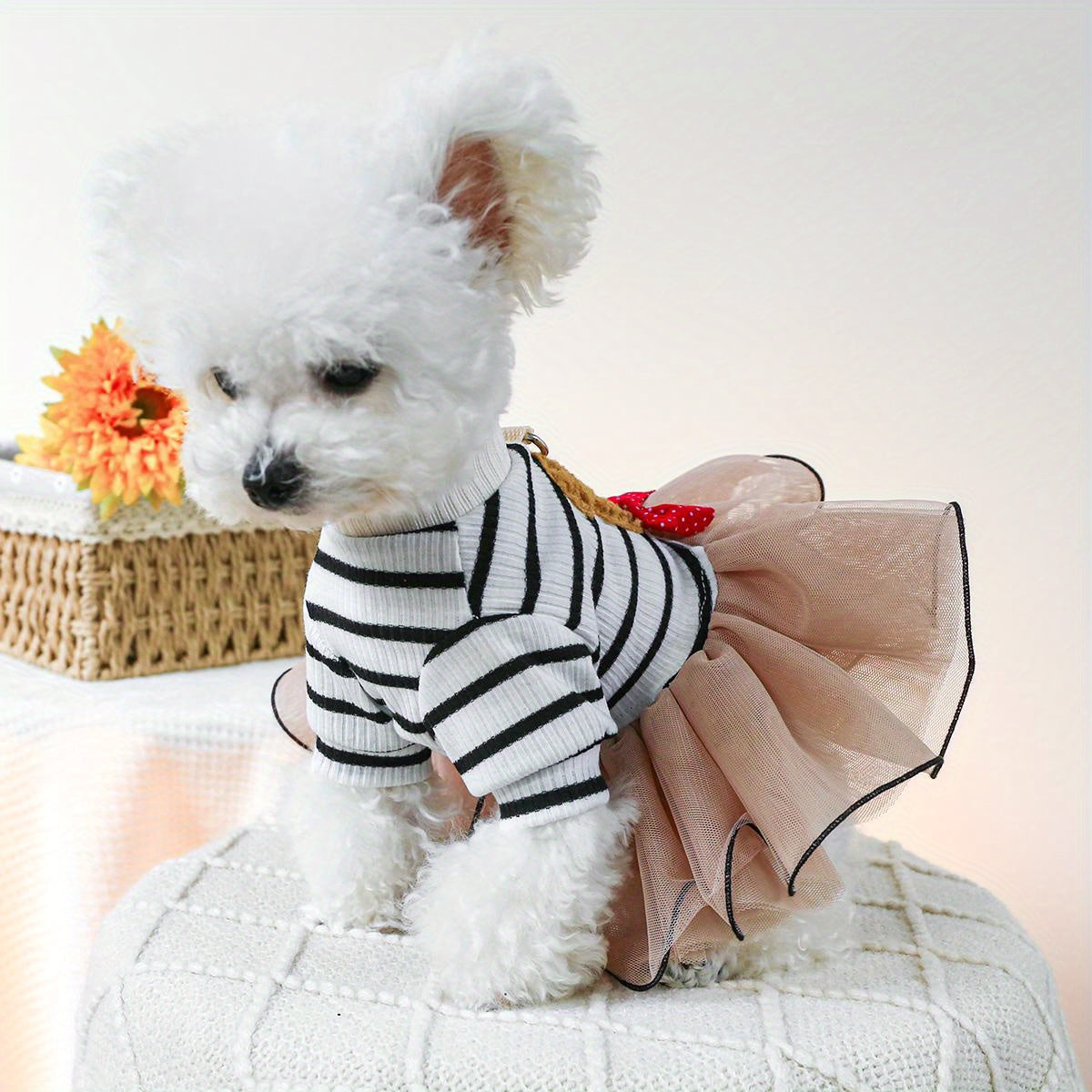 1pc Teddy Bear Pom Pom Skirt Dog Dress - All-Season Knit Polyester Pet Apparel, Snap Button Princess Dress for Small Breeds, Hand Washable, Cute Bear Tulle Skirt for Christmas Gift
