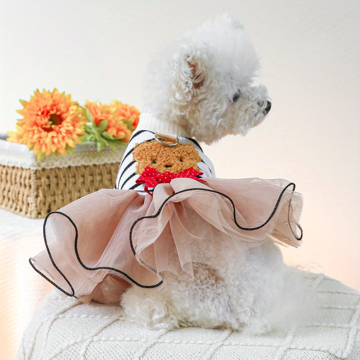 1pc Teddy Bear Pom Pom Skirt Dog Dress - All-Season Knit Polyester Pet Apparel, Snap Button Princess Dress for Small Breeds, Hand Washable, Cute Bear Tulle Skirt for Christmas Gift