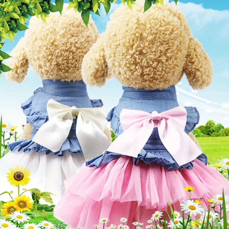 Pet Denim Dress For Dogs, Spring And Summer Autumn Pet Apparel, Cute Tutu Skirt With Bow, Comfortable Fun Fashion For Puppy Outfits