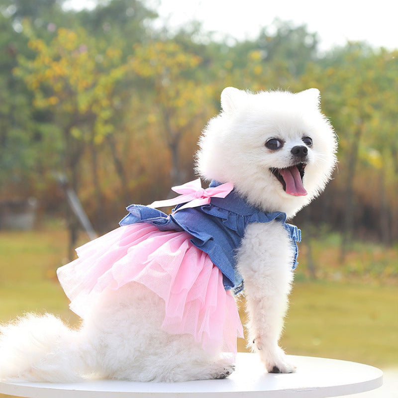 Pet Denim Dress For Dogs, Spring And Summer Autumn Pet Apparel, Cute Tutu Skirt With Bow, Comfortable Fun Fashion For Puppy Outfits