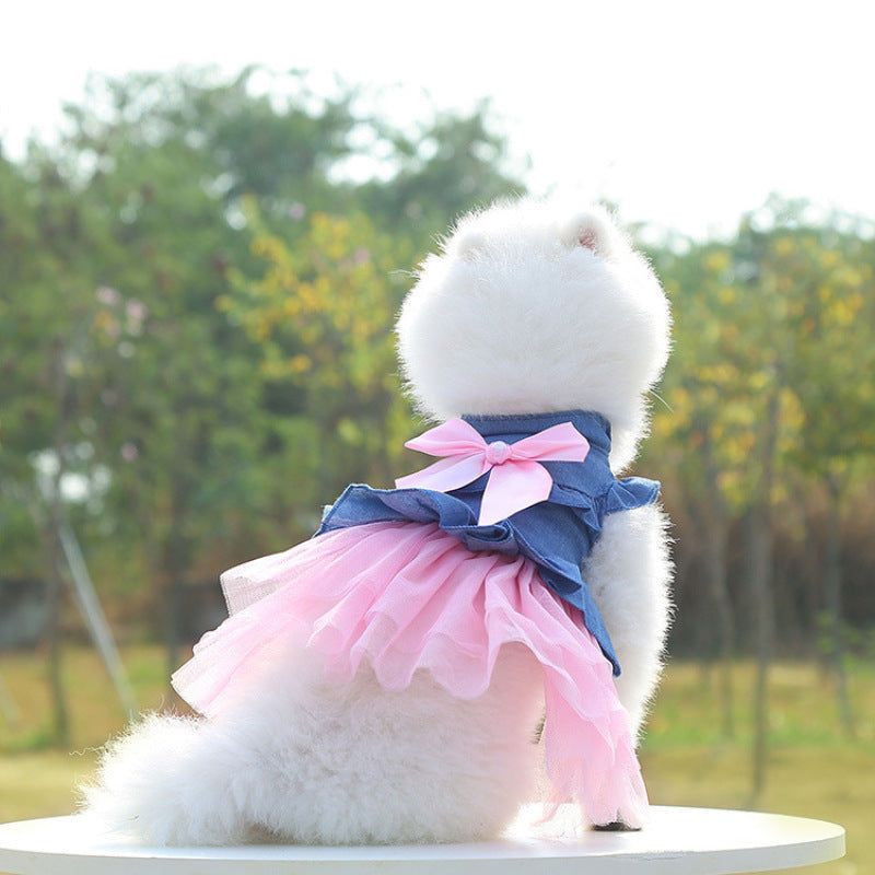 Pet Denim Dress For Dogs, Spring And Summer Autumn Pet Apparel, Cute Tutu Skirt With Bow, Comfortable Fun Fashion For Puppy Outfits