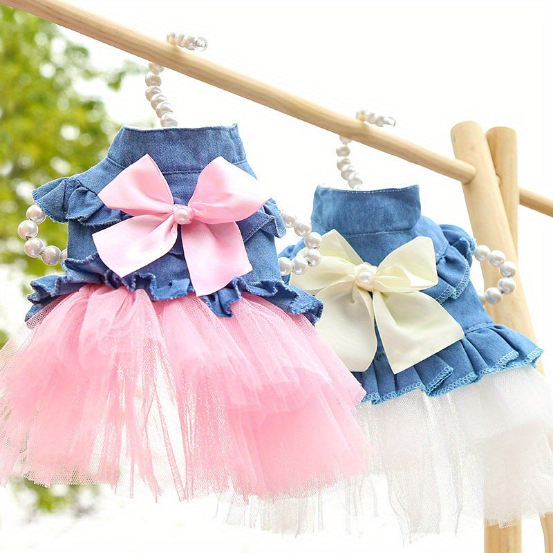 Pet Denim Dress For Dogs, Spring And Summer Autumn Pet Apparel, Cute Tutu Skirt With Bow, Comfortable Fun Fashion For Puppy Outfits