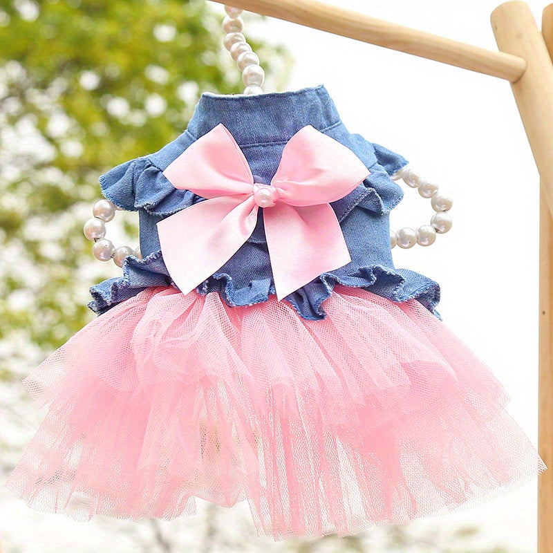 Pet Denim Dress For Dogs, Spring And Summer Autumn Pet Apparel, Cute Tutu Skirt With Bow, Comfortable Fun Fashion For Puppy Outfits