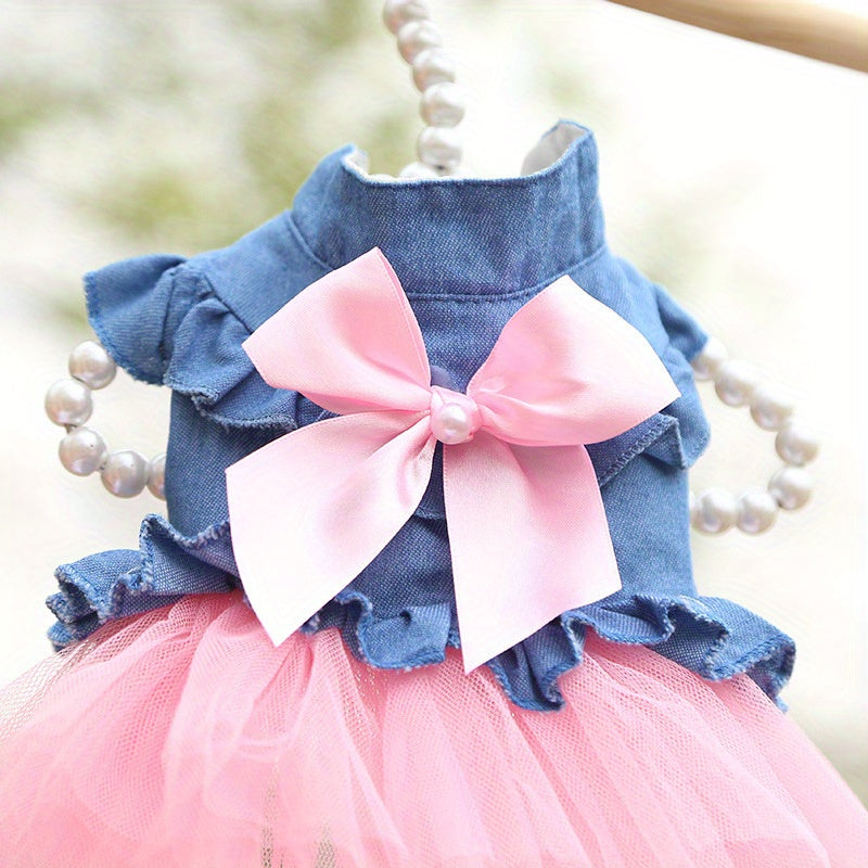 Pet Denim Dress For Dogs, Spring And Summer Autumn Pet Apparel, Cute Tutu Skirt With Bow, Comfortable Fun Fashion For Puppy Outfits