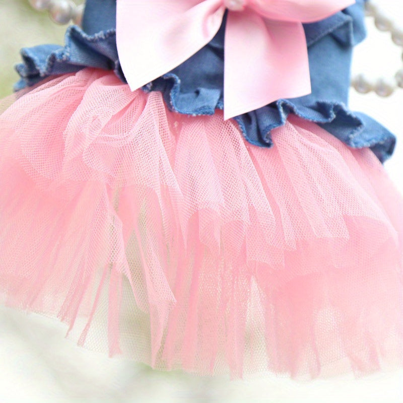 Pet Denim Dress For Dogs, Spring And Summer Autumn Pet Apparel, Cute Tutu Skirt With Bow, Comfortable Fun Fashion For Puppy Outfits