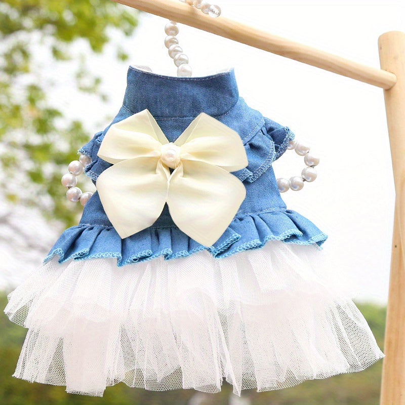 Pet Denim Dress For Dogs, Spring And Summer Autumn Pet Apparel, Cute Tutu Skirt With Bow, Comfortable Fun Fashion For Puppy Outfits